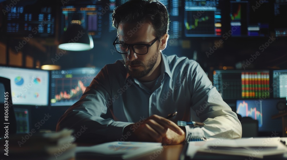 A trader analyzing stock market charts with intense focus, surrounded by financial reports and graphs. A trader analyzing stock market charts with intense focus, surrounded by financial reports and graphs.