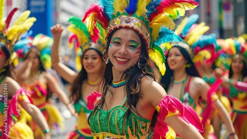 Japanese and Brazilian dancers performing samba in the streets of Tokyo  a fusion of cultures in vibrant costumes