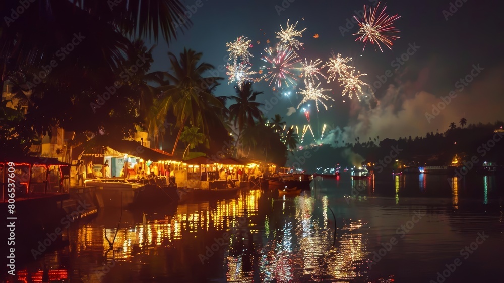 Night scene of Goan Carnival with fireworks lighting up the sky, a celebration of Goa s rich cultural tapestry