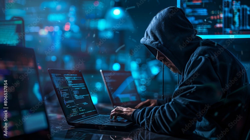 A hacker in a dark hoodie typing furiously on a laptop, surrounded by screens with lines of code. A hacker in a dark hoodie typing furiously on a laptop, surrounded by screens with lines of code.