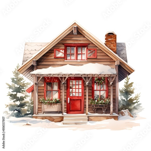 Wooden house with snow. Watercolor hand drawn illustration isolated on white background