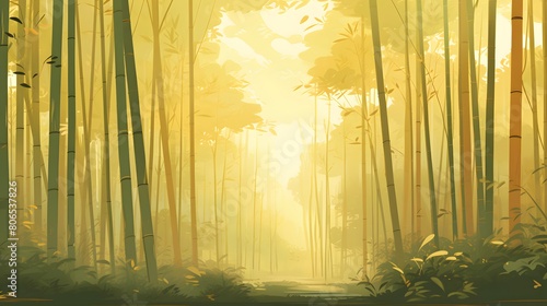 Bamboo forest in a fog at sunset. 3d illustration.