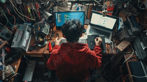 A hacker sitting at a cluttered desk surrounded by gadgets and devices, executing a cyber attack with precision. photo