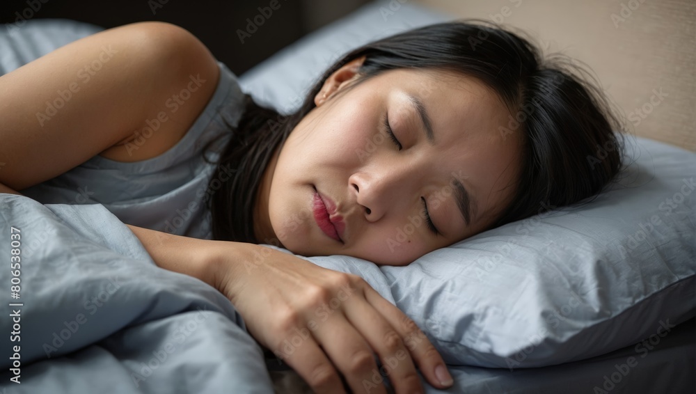 Top view of attractive beautiful young Asian woman sleeping well in bed hugging soft white pillow, teenage girl resting, good night sleep concept. Lady enjoys fresh soft bedding linen in bedroom Top view of attractive beautiful young Asian woman sleeping well in bed hugging soft white pillow, teenage girl resting, good night sleep concept. Lady enjoys fresh soft bedding linen in bedroom