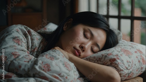 Top view of attractive beautiful young Asian woman sleeping well in bed hugging soft white pillow  teenage girl resting  good night sleep concept. Lady enjoys fresh soft bedding linen in bedroom