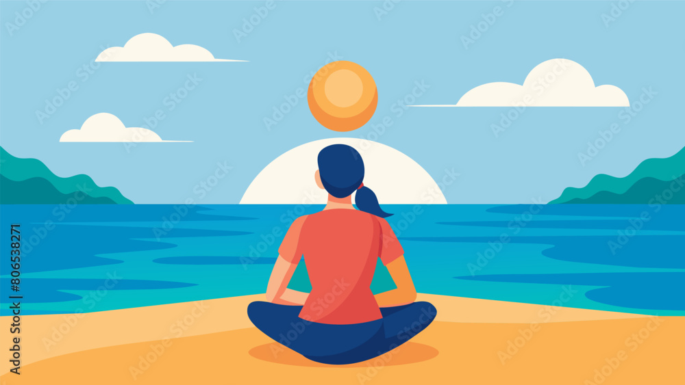 A person sits crosslegged on the beach gazing out at the sun rising over the ocean as they stretch their arms behind their back.. Vector illustration A person sits crosslegged on the beach gazing out at the sun rising over the ocean as they stretch their arms behind their back.. Vector illustration
