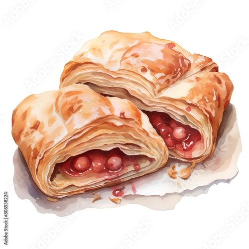 Puff pastry with cherry jam. Hand drawn watercolor illustration.