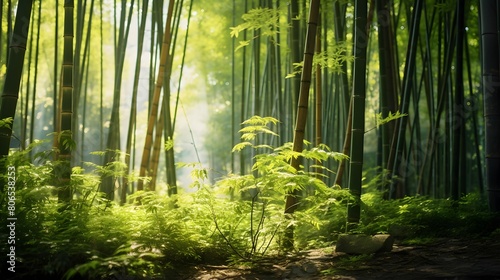 Panoramic view of a green forest with sunbeams passing through