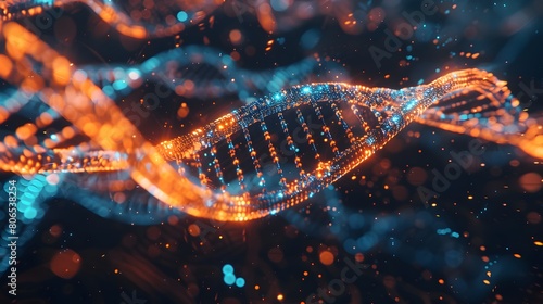 Cadena de ADN  hecha de luces en un fondo obscuro. Estructura Genetica photo