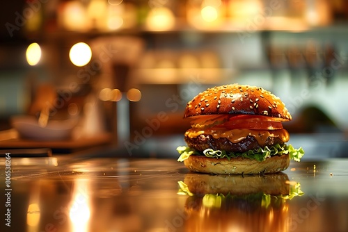 Una deliciosa hamburguesa gourmet en la mesa de la cocina de un lujoso restaurante. Imagen con espacio para copiar. photo