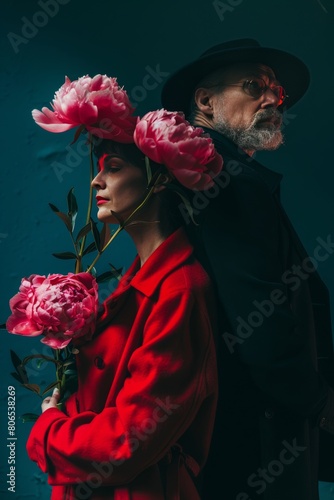 Elderly couple in stylish outfits against violet background. Pink peony flowers, rfed coat and hat photo