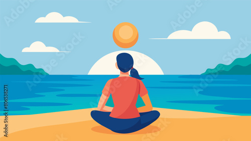 A person sits crosslegged on the beach gazing out at the sun rising over the ocean as they stretch their arms behind their back.. Vector illustration