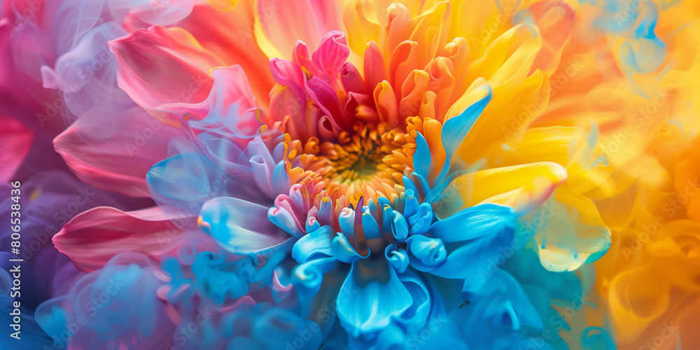 Close-up of a colorful flower with wisps of smoke curling from its center. Surreal and eye-catching