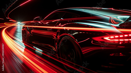 Sleek black sports car speeds through a tunnel at night  red taillights blurring