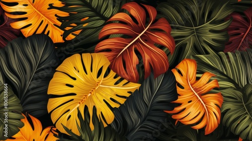 Trendy exotic jungle plants illustration pattern 