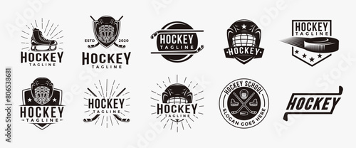Set of vintage badge patch emblem Vintage seal badge hockey sport logo with hockey equipment vector icon on white background