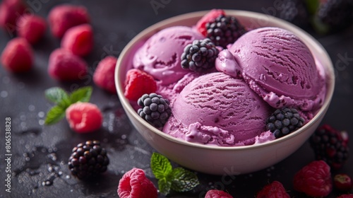 Bowl with three scoops of pink berry ice-cream toped with raspberries  blackberries