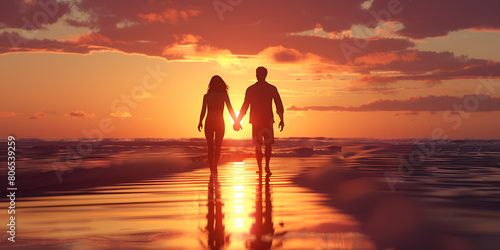 A retired couple walks hand in hand on the beach at sunset