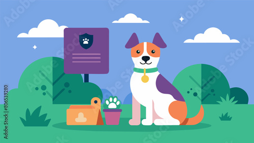An illustration of a dog park with a sign reading All pets must have a verified digital identity chip for entry highlighting the importance of proper. Vector illustration photo