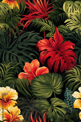 Trendy exotic jungle plants illustration pattern 