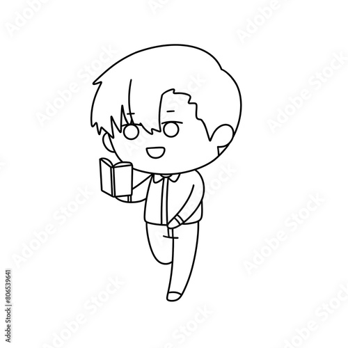 A cartoon boy is holding a book and smiling