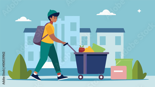 A student walks across campus pushing a cleaning cart and emptying garbage bins as part of their workstudy position as a janitor for the university.. Vector illustration
