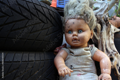 Wall Mural Scary horror doll Creepy doll Halloween concept, Close up of Ghost doll mystic i