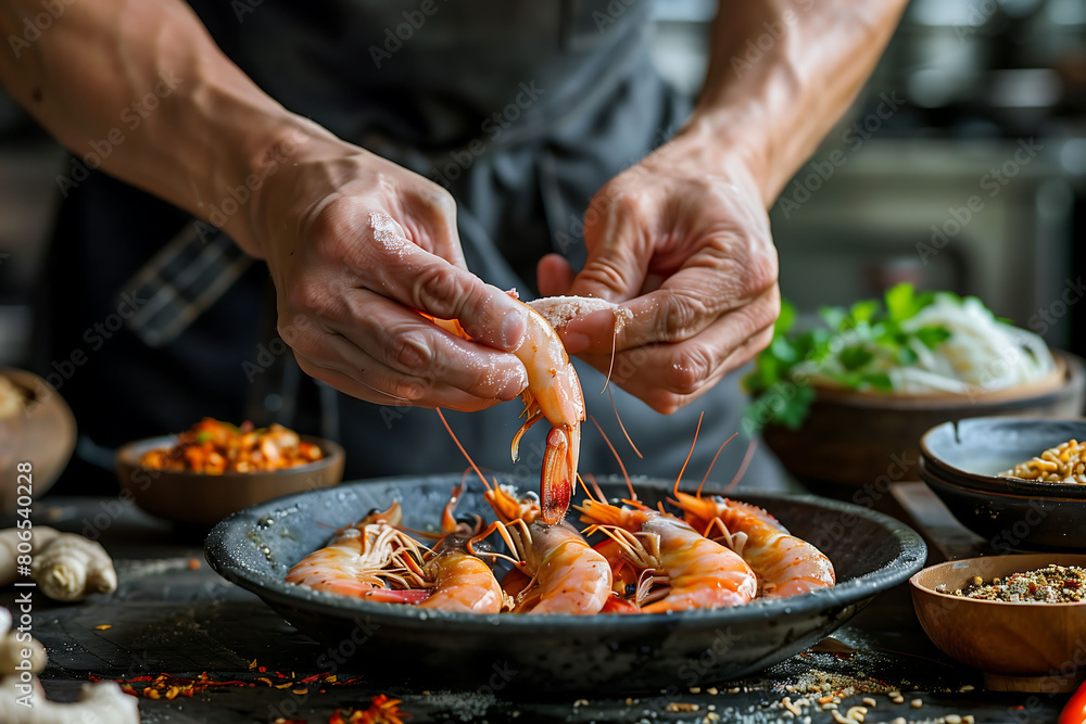 A person is peeling shrimp on white background, preparing food, ingredients for cooking, lifestyle and food, seafood, kitchen