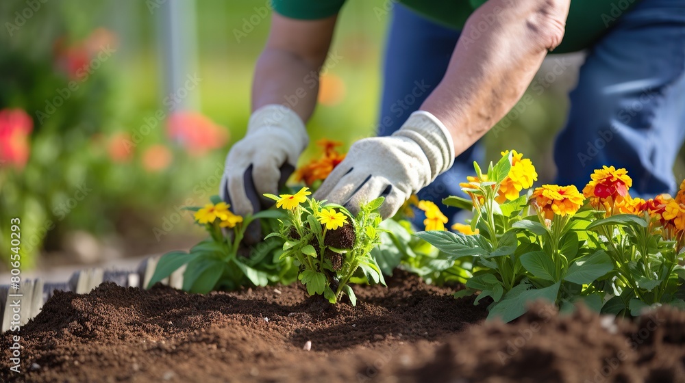 Fototapeta premium Woman putting beautiful flowers into the ground in the garden, arranging the garden, planting flowers in the garden,