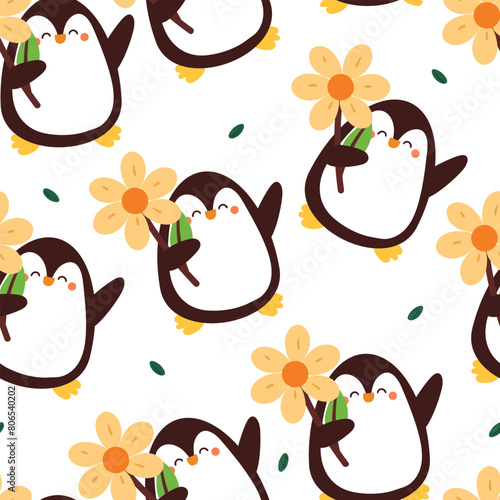 seamless pattern cartoon penguin with flowers. cute animal wallpaper illustration for gift wrap paper