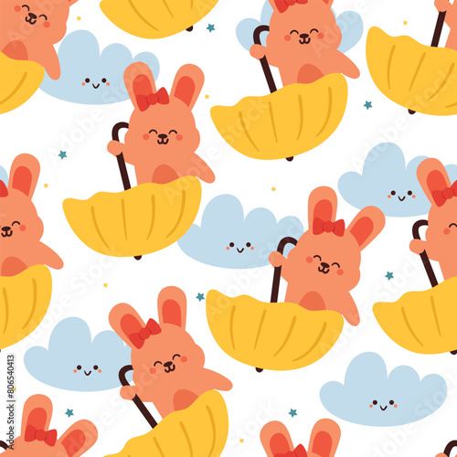 seamless pattern cartoon bunny playing with umbrella. cute animal wallpaper with sky element, umbrella