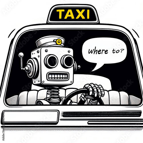 ロボットタクシー 自動運転 どちらまで? と声を掛けるタクシー運転手 過去と未来の交錯  Robot Taxi Self-driving,  A cab driver calls out "Where to?”  Intersection of the past and the future