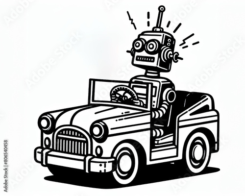 ロボットタクシー 自動運転 レトロなブリキのおもちゃ 過去と未来の交錯 Robot cab, automatic driving, retro tin toy, intersection of past and future.