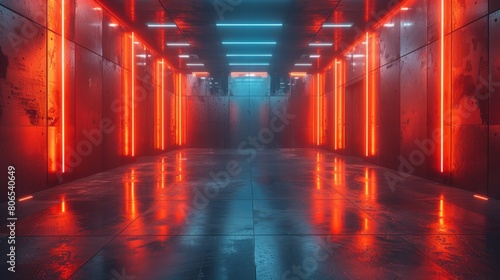 Empty dark room with floor and wall, orange light on the ceiling, metal walls,