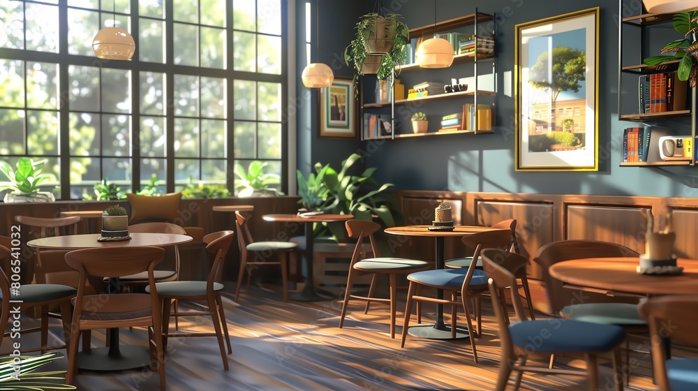 A 3D realistic setup of a coffee shop where the Social Justice Book Club is holding a special author guest session on immigration rights. A 3D realistic setup of a coffee shop where the Social Justice Book Club is holding a special author guest session on immigration rights.