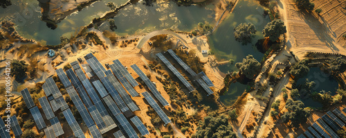 Capture the intricate intertwining of Behavioral Economics and Solar Energy Farms from a top-down photo