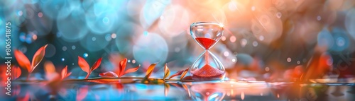 An hourglass timer sits on a reflective surface. Red sand trickles down, representing the passage of time. The background is a colorful blur of light and color. photo