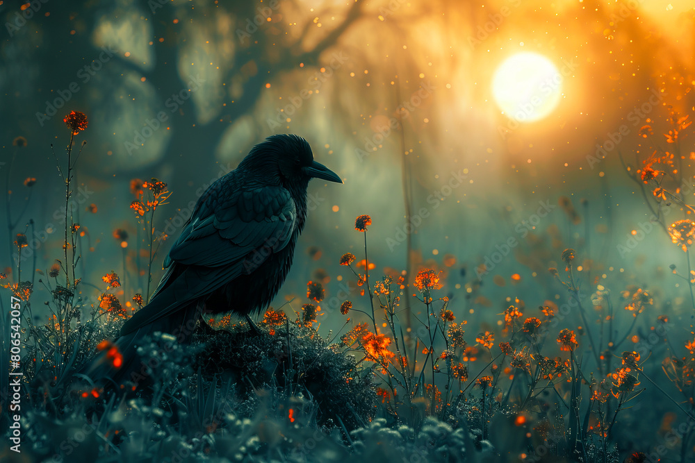 Fototapeta premium A black crow is sitting on a rock in the middle of a field.