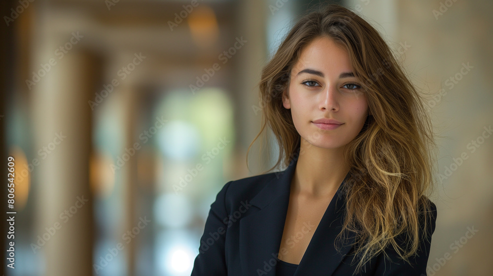 Portrait of a beautiful young woman in a business suit, looking at the camera. Portrait of a beautiful young woman in a business suit, looking at the camera.