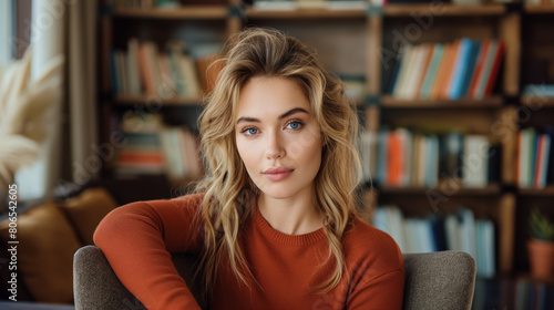 portrait of beautiful young woman looking at camera while sitting in armchair in library
