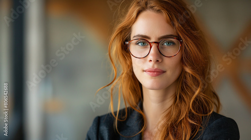 Portrait of a beautiful redhead businesswoman in glasses looking at camera