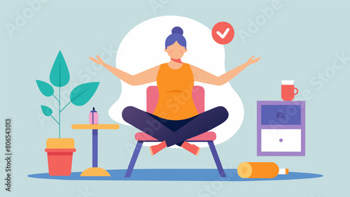 A person with limited mobility using a chair and props to participate in a gentle yoga class.. Vector illustration