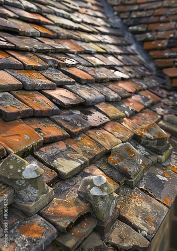 A close up of a roof with tiles.