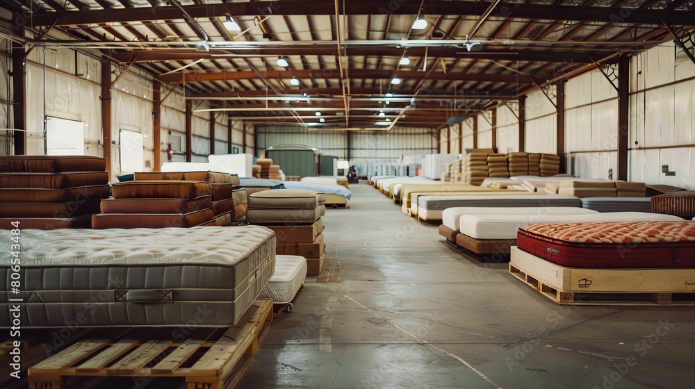 A warehouse filled with mattresses and boxes. A warehouse filled with mattresses and boxes.