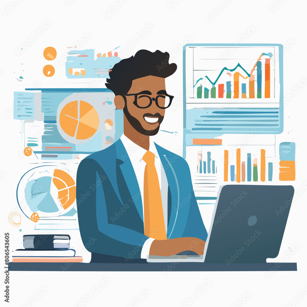 Flat vector cartoon businessman working online and business data analytics on graph report monitor and finance investment planning concept Flat vector cartoon businessman working online and business data analytics on graph report monitor and finance investment planning concept