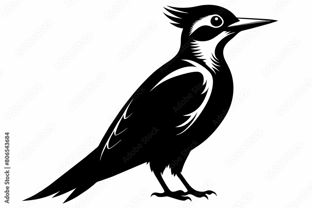 Obraz premium Woodpecker silhouette on white background, Vector illustration, bird, icon, svg, characters, Holiday t shirt, Hand drawn trendy Vector illustration, raven on a branch