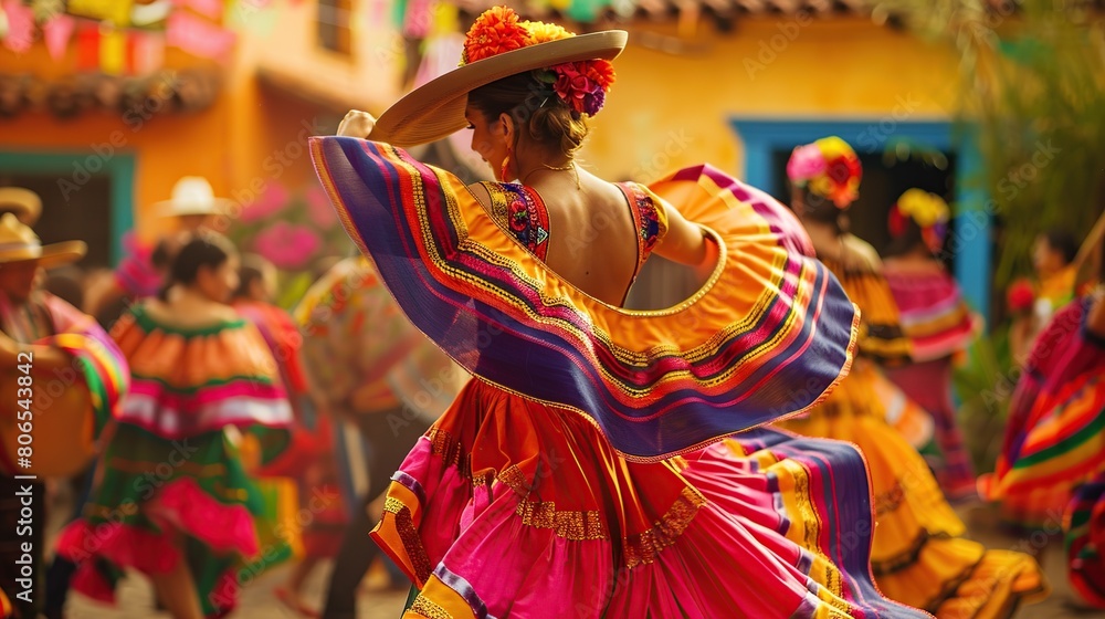 Mexican woman wearing colorful dress and sombrero in Mexico during a festive celebration. Mexican woman wearing colorful dress and sombrero in Mexico during a festive celebration.