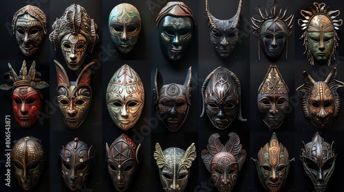 Capture the elegance of various intricate masks in a long shot, each one uniquely detailed and visually striking, set against a dramatic black backdrop, highlighting their beauty and mystery Tradition