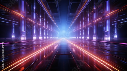 futuristic corridor with neon lights and reflections.