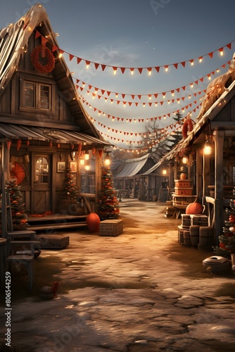 Christmas village in the north of Russia. Wooden houses decorated with garlands.